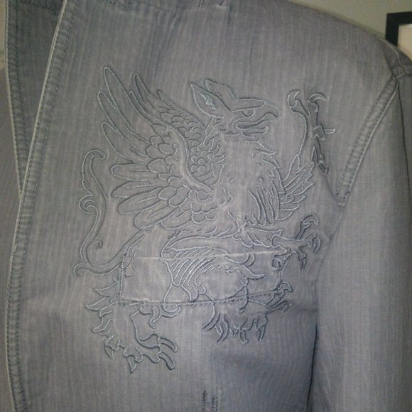 INC Grey Denim-Style Tonal Striped Blazer with Chest Embroidery Sz M NWT - Picture 4 of 16